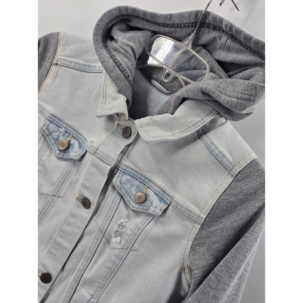 Wonder Nation Kids Girls 10/12 Denim Jacket Gray Sweatshirt Sleeves Hood